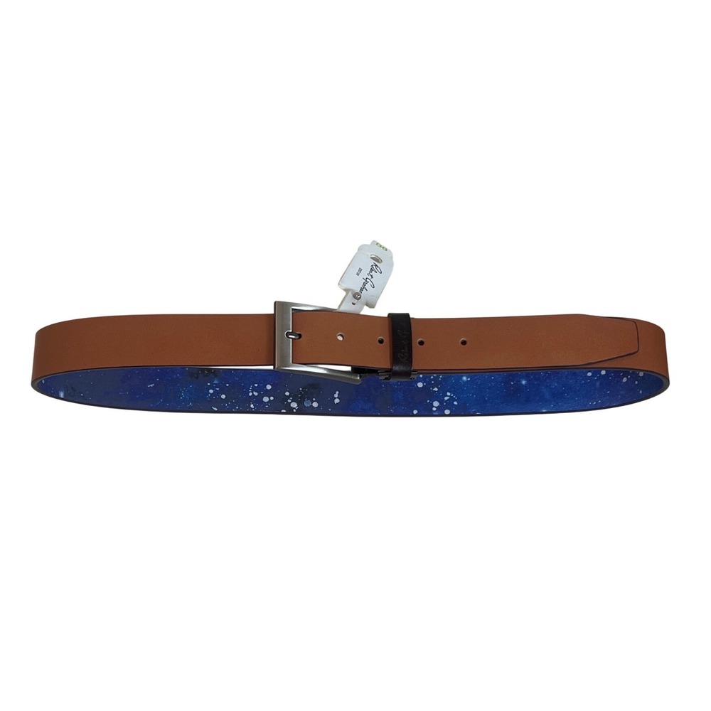 Robert Graham Mens Reversible Leather Belt Tan Blue Galaxy Star Print Size 36
